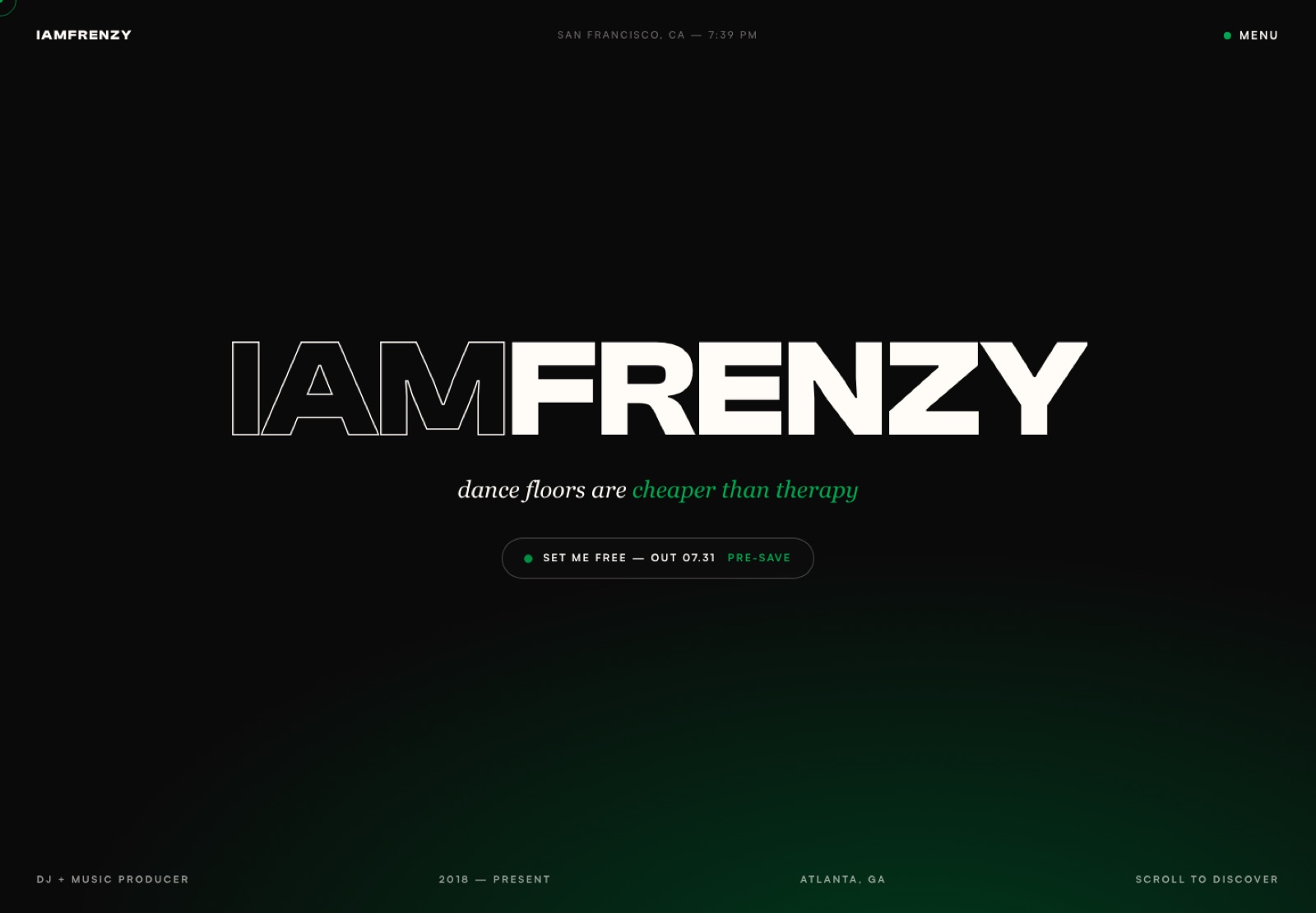 IAMFRENZY website hero: bold wordmark on black with green accent