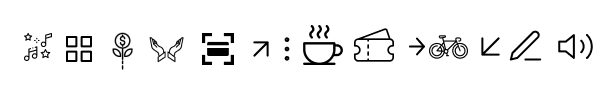 Line icon set used in the app: music, grid, plant, hands, scan, transfer, coffee, ticket, bicycle, withdraw, journal and audio