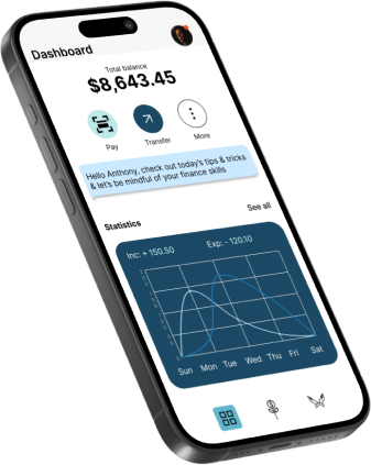 Dashboard screen: total balance, Pay and Transfer actions, a greeting with today's tip, and a weekly income versus expense chart