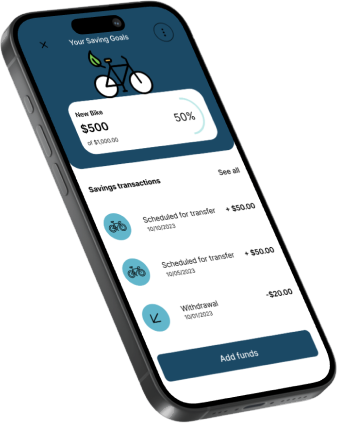 Savings goal detail: New Bike, $500 of $1,000, scheduled transfers and an Add funds button