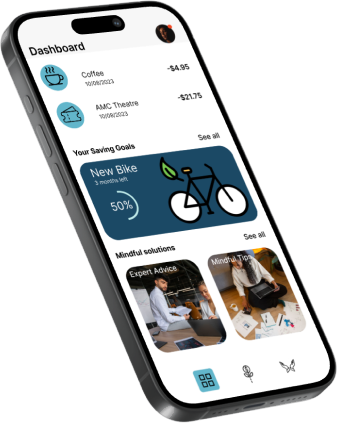 Dashboard with recent transactions, a New Bike savings goal at 50%, and mindful solutions cards