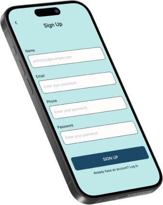 Sign up screen with name, email, phone and password fields