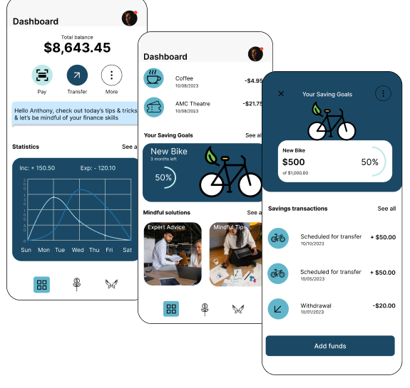 Three overlapping dashboard screens: total balance with statistics chart, savings goals with mindful solutions, and the savings-goal detail